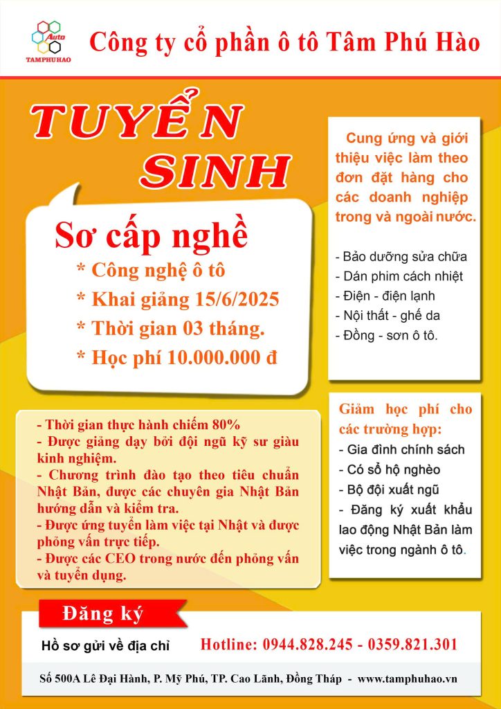 Tuyển sinh khóa học sơ cấp nghề công nghệ ô tô tại Tâm Phú Hào - Khai giảng 15/06/2025